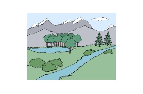 Illustration  - Natur mit Bergen, Bäumen und Flüssen