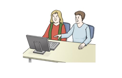 Illustration - zwei Frauen sitzen vor einem Computerbildschirm