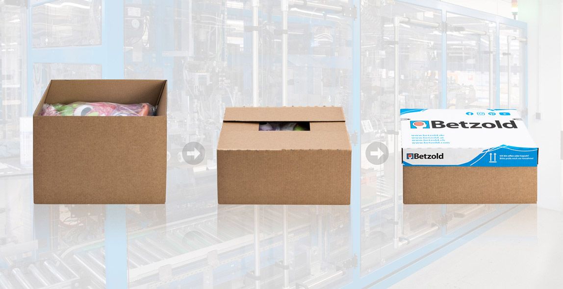 Grafik von drei Kartons, anhand denen gezeigt wird, wie das Verpackungsvolumen reduziert wird. 