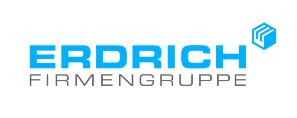 Das Logo der Erdrich Firmengruppe in hellblau und grau. 