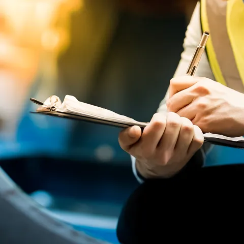 Ein Mann notiert Einsparpotenziale im Unternehmen auf ein Klemmbrett während eines KEFF+Checks.