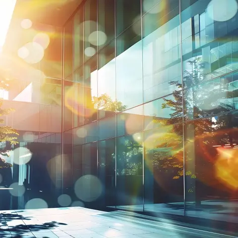 nachhaltigkeit-im-unternehmen-header-keff+ Ein modernes Gebäude mit Bokeh-Effekt, dass den Mix auf Nachhaltigkeit und Industrie verkörpert.